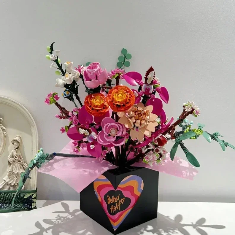 

2025 NEW Romantic Pretty Pink Flower Bouquet Building Blocks Creative Home Decoration Kids Educational Toys Holiday Gifts 749PCS