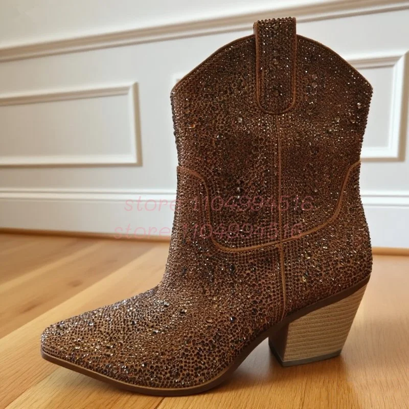 Brown Pointed Bling Shiny Chunky Heels Women Rhinestone Zipper Vintage Western Ankle Boots Lady Fashion Elegant Party Boots 2025