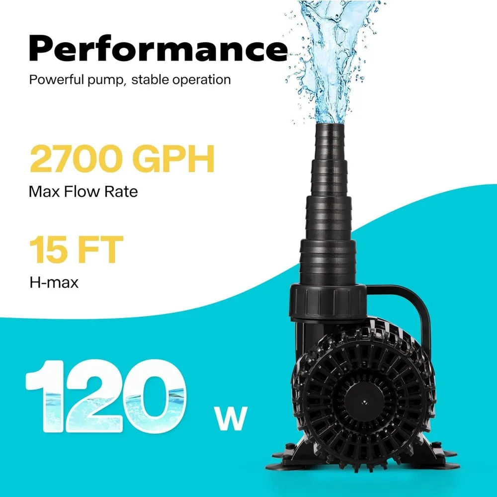 2700GPH Submersible Water Pump with 180° Seamless Adjustable Nozzle and Barrier Bag for Koi Pond Waterfall Fountains Fish Tank