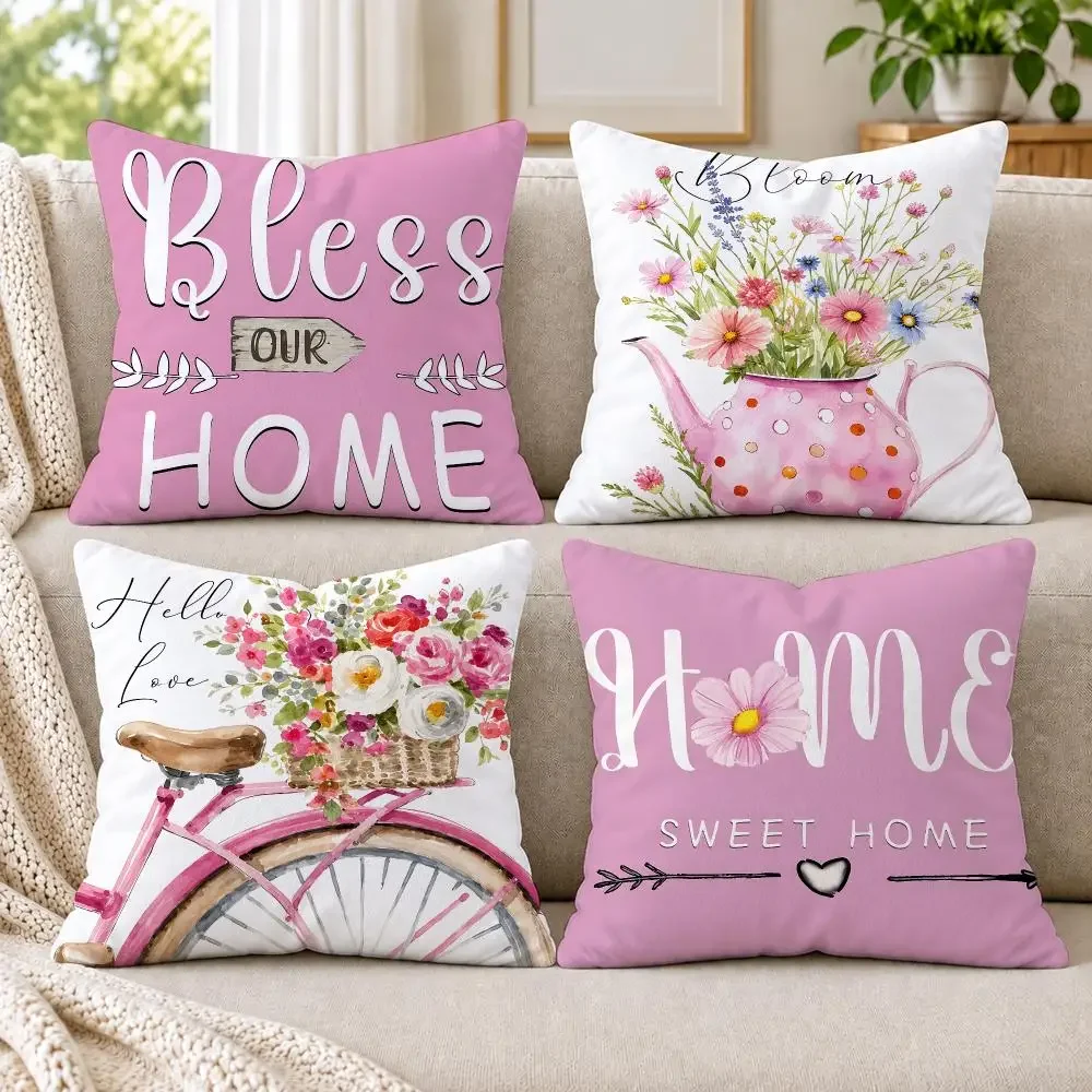 4PC Pastel Bike Floral Home Script Cushion Cover Soft Plush Double-Sided Print Throw Pillowcover Home Decor for Sofa Living Room