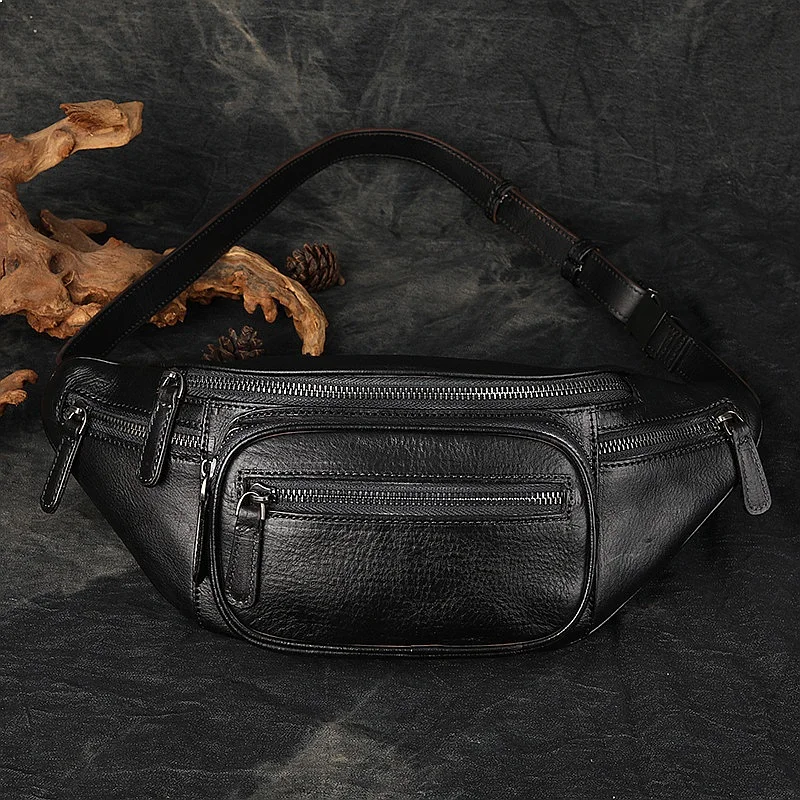Men's Genuine Leather Crossbody Bag Vintage Motorcycle Riding Small Waist Pack