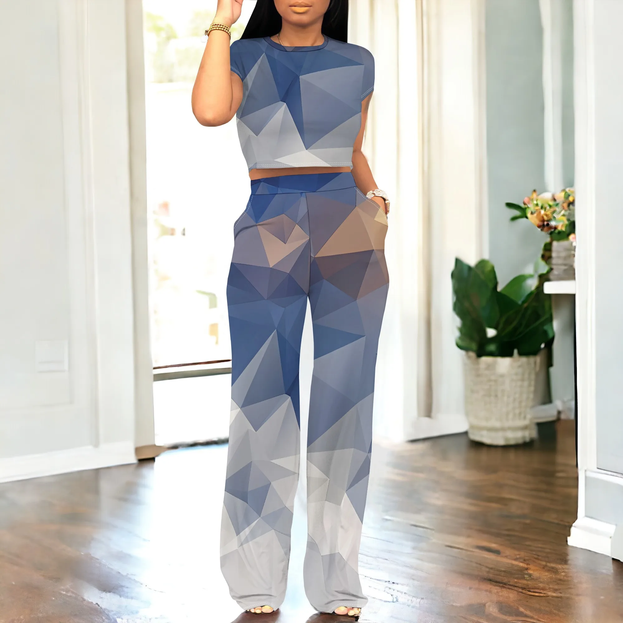 Nupusa 기하학 프린트 여성용 2 피스 세트 표준 사이즈 여름 캐주얼 크루 넥 반소매 의상