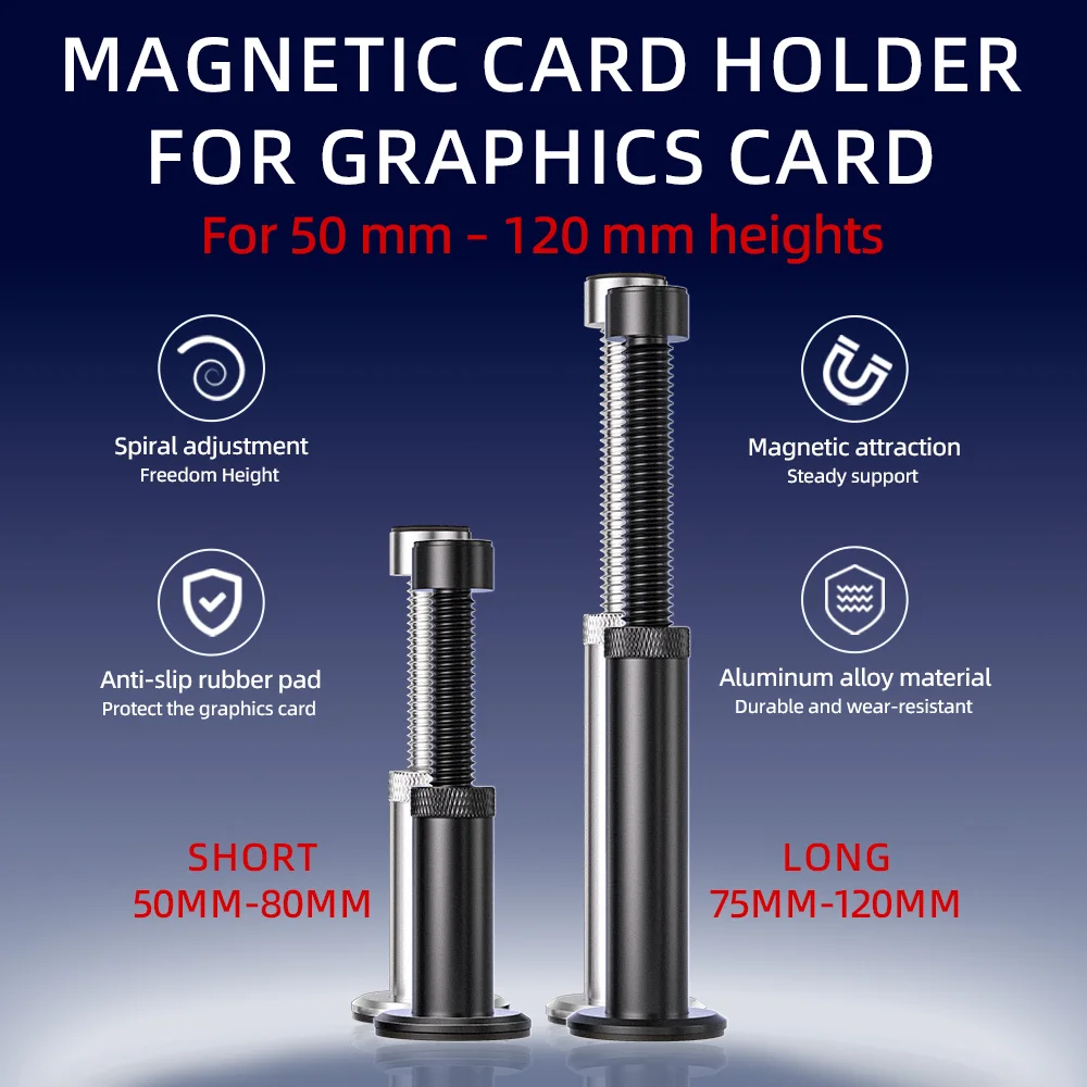 Support de carte graphique télescopique magnétique en alliage d'aluminium avec base renforcée anti-affaissement, réglable de 50 à 120 mm