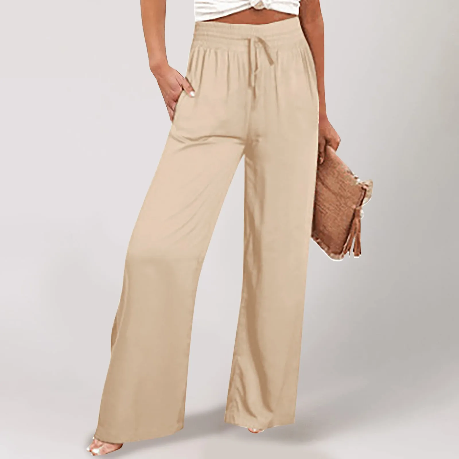 

Women Cotton Linen Pants Solid Color Elastic Loose Drawstring Wide-Leg High Waist Trousers Female Stretch Straight Casual Pants