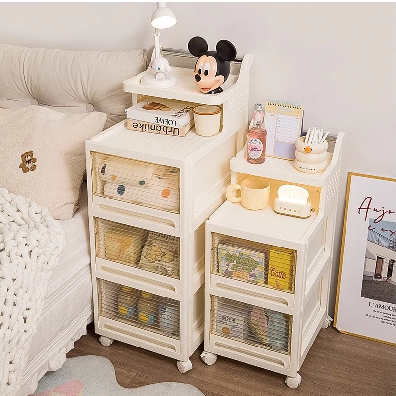 ‌Modern Minimalist Nightstand with Drawers, 3-Tier Snack Cart with Wheels, Foldable Mobile Storage Unit, Stylish Home Organizer