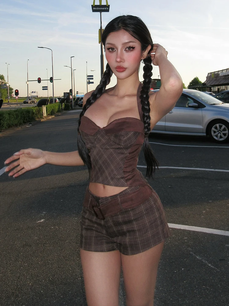 

Whatiwear Plaid Patchwork 3 Piece Set Women Halter Low-Neck Backless Tops+Waistband+Mini Shorts Matching Street Fashion Suits