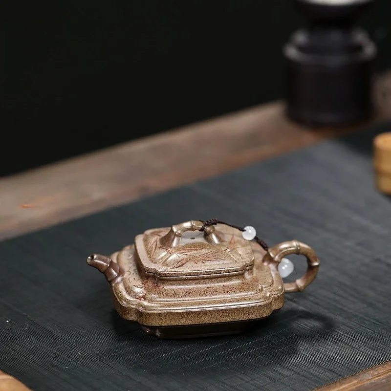 Yixing Zisha Teapot Set: Square “Bamboo Joint” Style, Hollow and Flattened, Made From Raw Clay