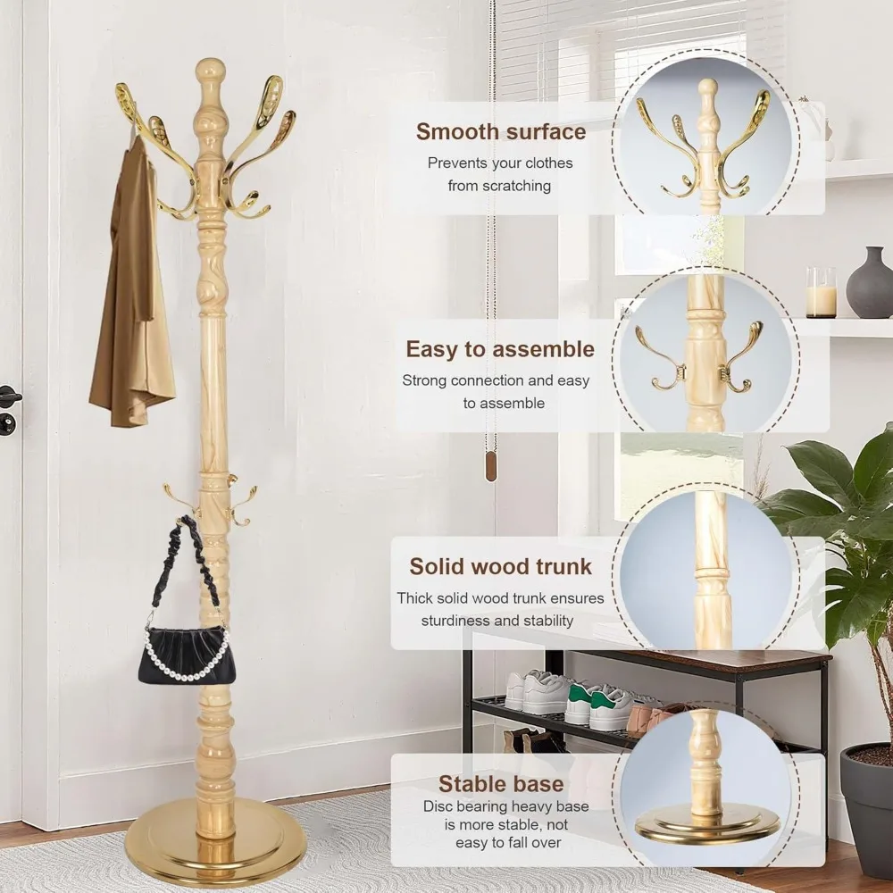 حامل معطف من الخشب الصلب على الطراز العتيق مع 14 خطافًا، قاعدة معدنية شديدة التحمل قائمة بذاتها، ارتفاع قابل للتعديل لمعاطف التعليق #5