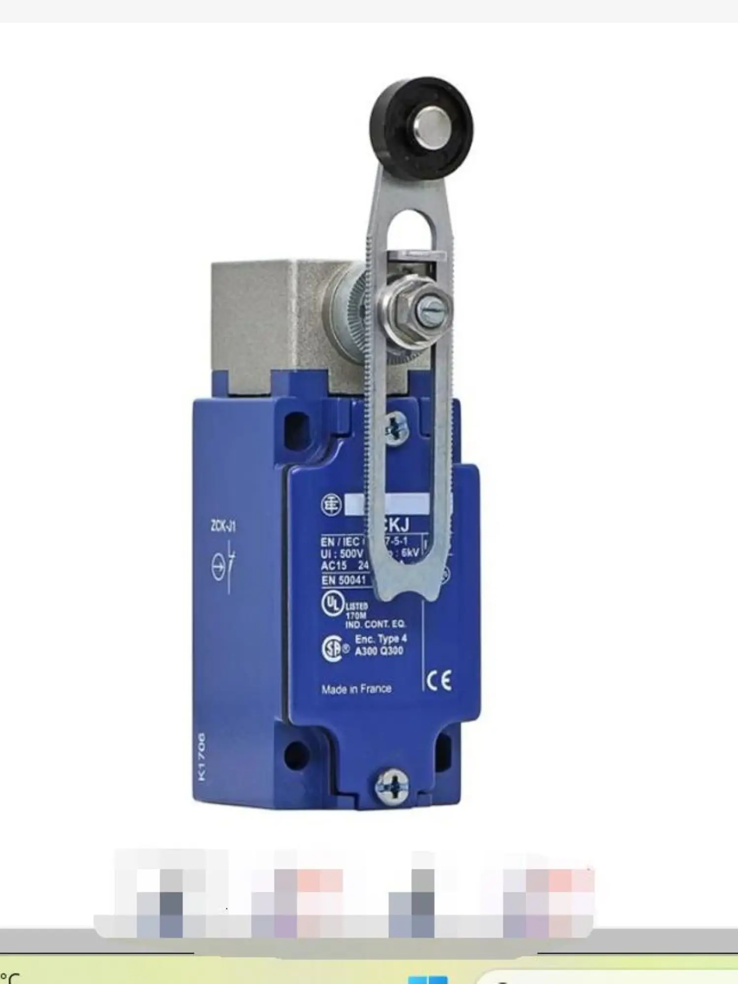 

XCKJ10541H29 = ZCKJ1H29 + ZCKY41 + ZCKE05 Limit switch XCKJ - th.plastic roller lever var. length - 1NC+1NO - snap - M20