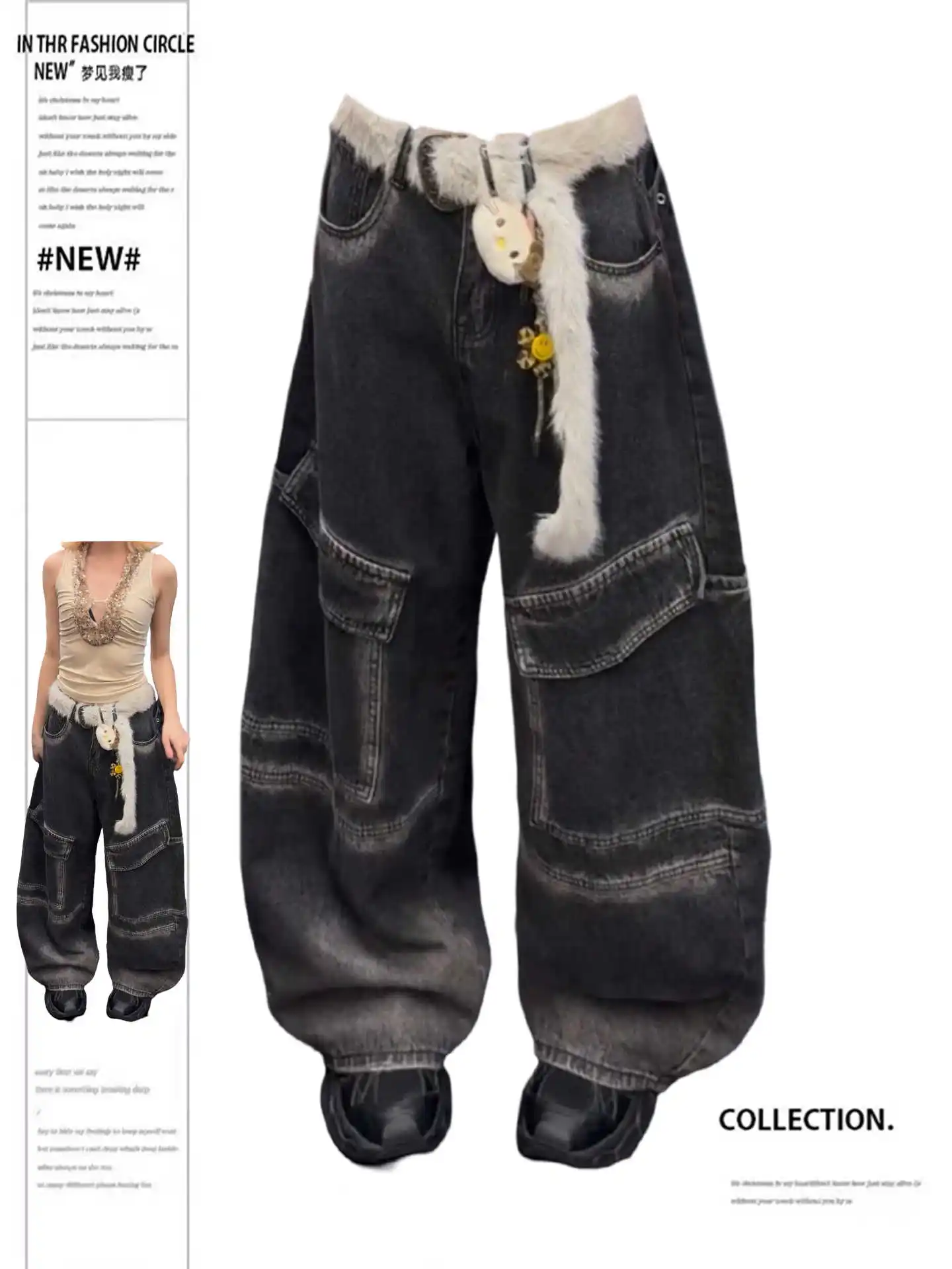 Women's Black Gothic Baggy Y2k Emo Cargo Jeans Vintage Harajuku Japanese 2000s Style Jean Pants Oversize Denim Trousers Autumn