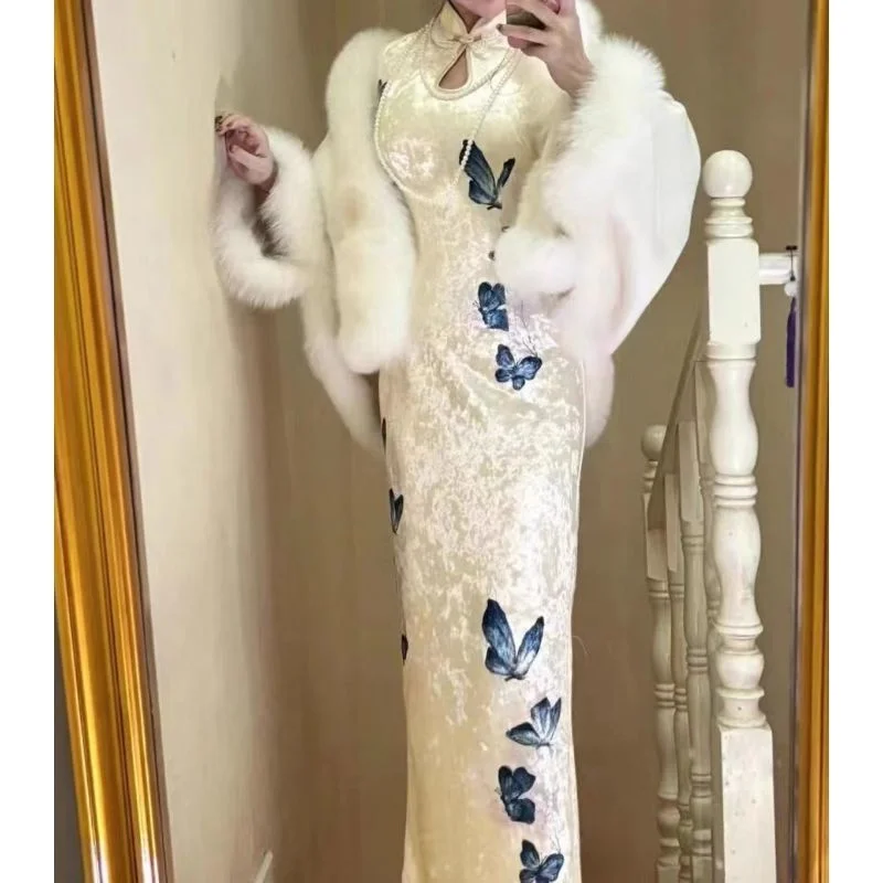 

plus Size Velvet Lace Paneling Waist Cinched Long Sve Qipao Dr mid Length Commute Sle Korean Version Special Large Size