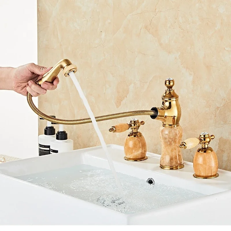 Luxury Jade and Brass Countertop Sink Faucet – Hot and Cold Water Faucet for Bathrooms and Hotels