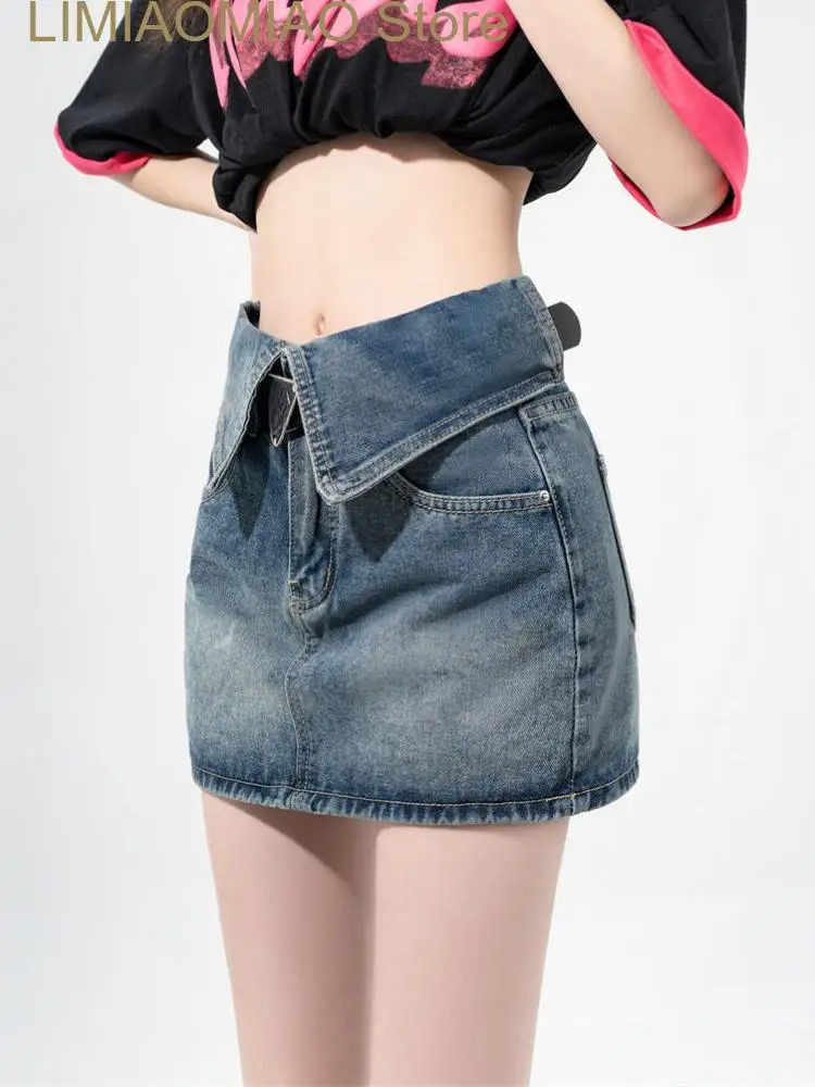 New Vintage Elegant Denim Skirt Women Designer Party Mini Skirt Female High Waist Korean Style Casual Skirt