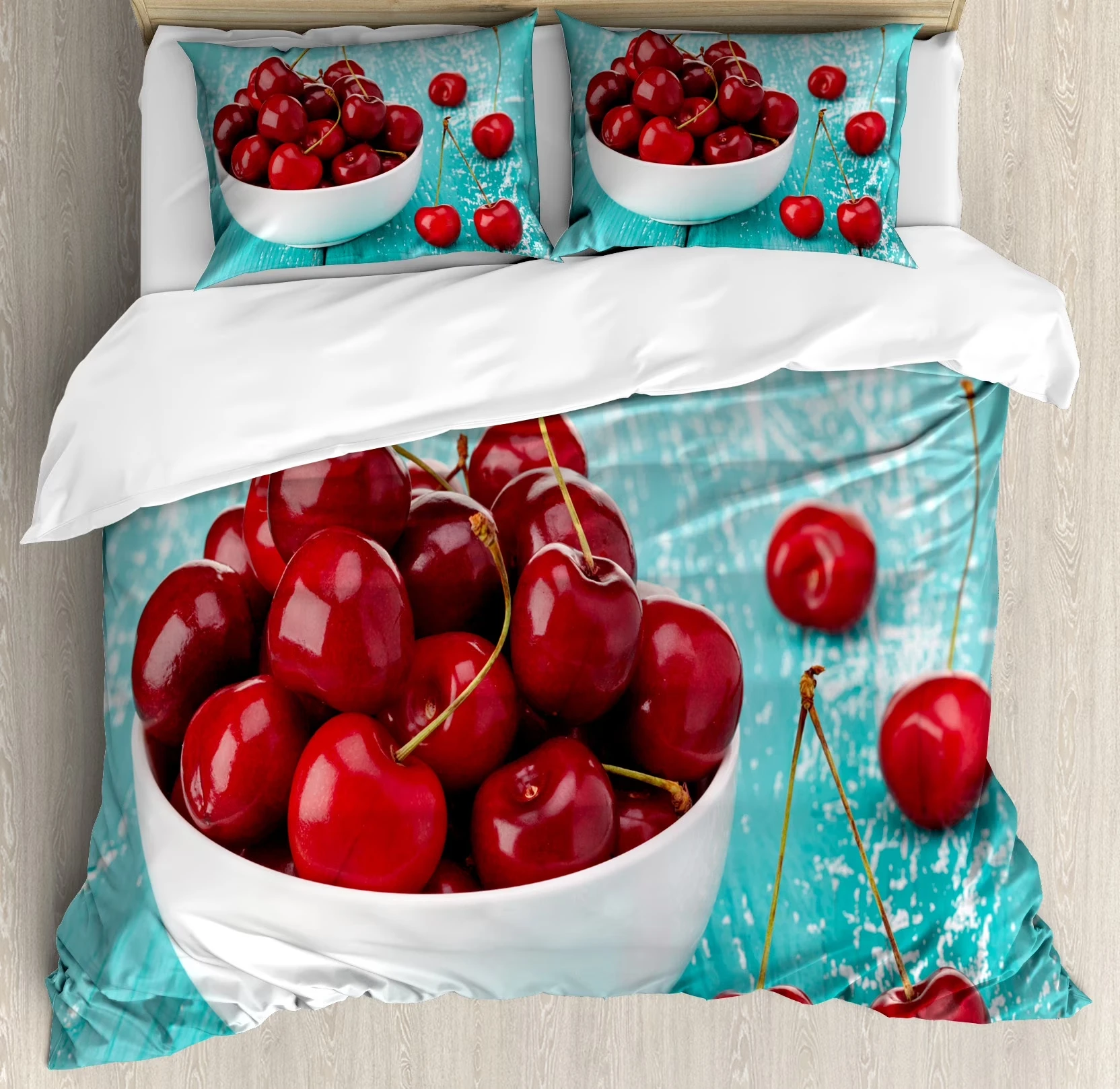 Kawaii Cherry Duvet Cover Set Queen Full Cute Cartoon Fruit Comforter Cover For Girls Woman Room Decor,Girly Cartoon Bedding Set