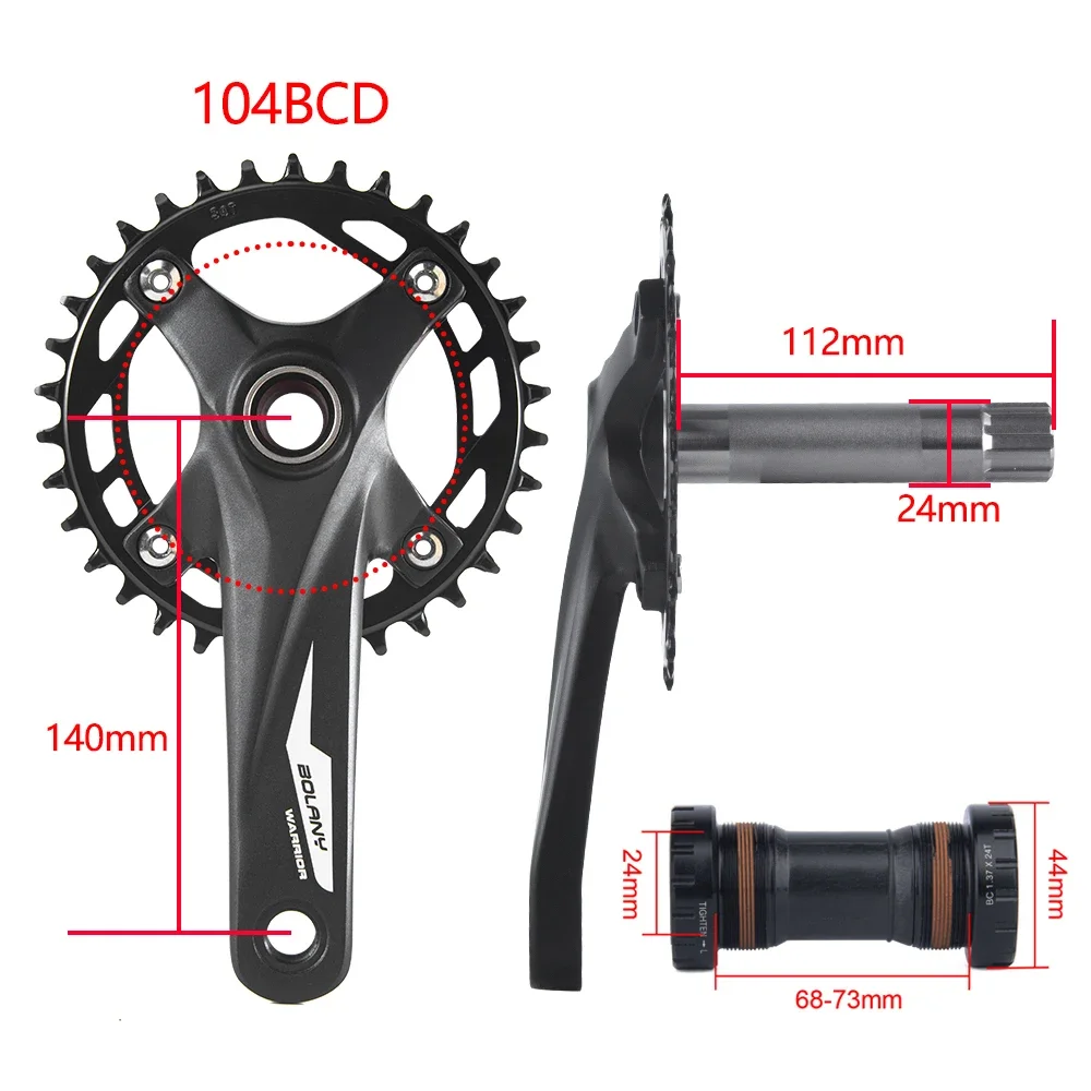 BOLANY kids Bicycle Crankset 140mm Integrated crank 104 bcd chainring Crown 34 36 teeth Aluminum single speed Children crankset