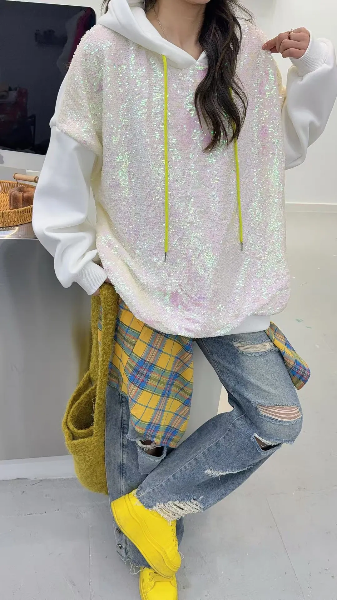 스팽글 패치워크 오버사이즈 후드티 여성 Y2K 의류 2025 겨울 플리스 캐주얼 루즈 풀오버 아우터웨어 가슴둘레140cm