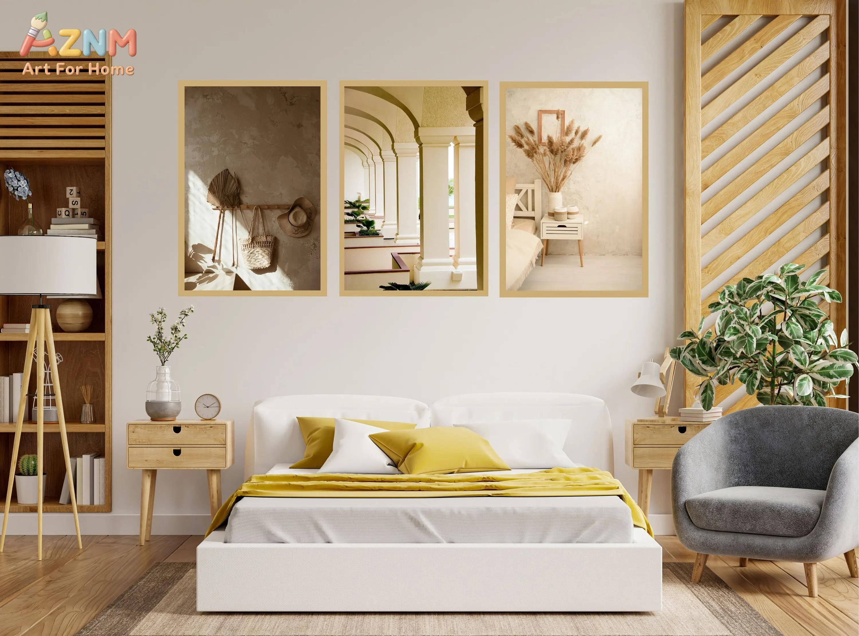 AZNM  Neutral Boho Architecture Canvas Wall Art, Arch Corridor Pampas Grass Straw Bag Photo Print Frameless Canvas Painting,