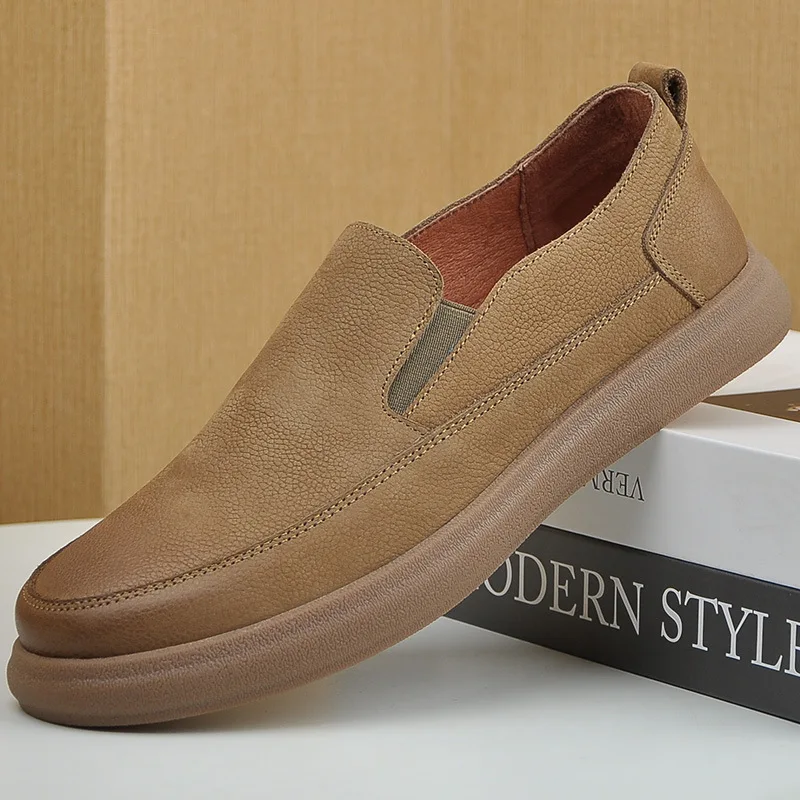 Men's vintage distressed handmade leather shoes, comfortable and soft for walking and casual wear, slip-on driving shoes