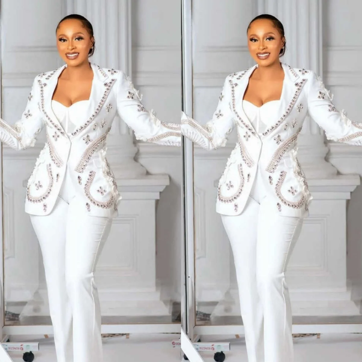 Handmade Beading Women Pants Suits Custom Made Crystal Lady Red Carpet Wear Slim Fit Jacket Blazer Sets 2 Pieces