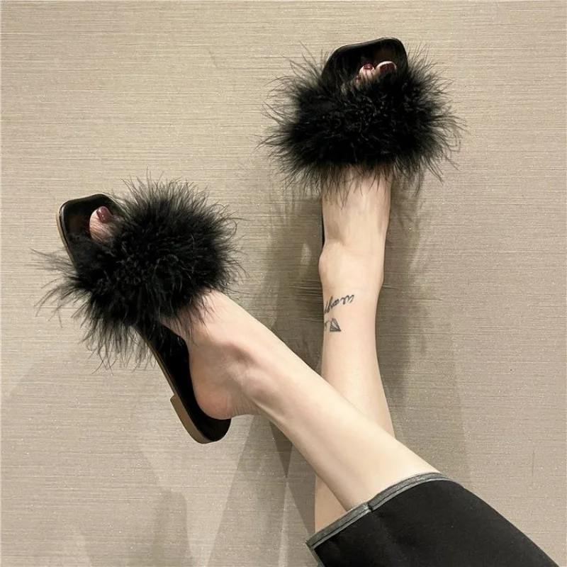 Summer 2024 Fluffy Slides Vintage Feather Women\'s Slippers and Ladies Sandals Flat Shoes Pink Fuzzy Furry Trend New Style I F B