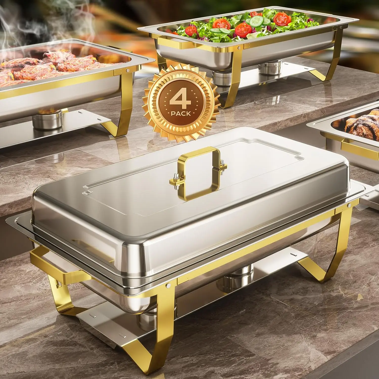 Chafing Dishes for Buffet 4 Pack, 8QT [Elegant & Sturdy] Chafing Dish Buffet Set,Stainless Steel Chafers and Buffet Warmers Sets