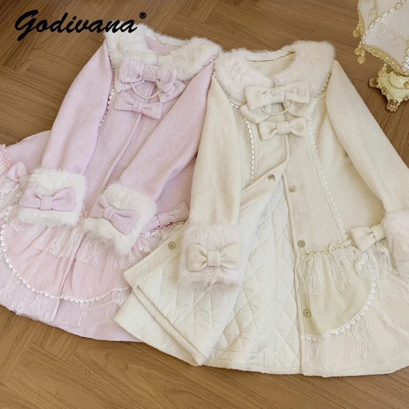 

Новая осенне-зимняя женская шерстяная куртка в стиле Лолита с меховым воротником, тонкая, с милым бантом и кружевными вставками, верхняя одежда
