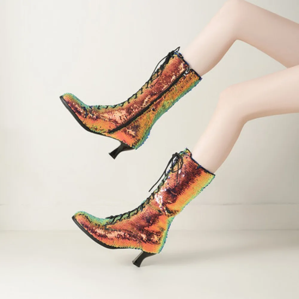 Blingbling Knight Boots 6CM Thin Heels Women Mid-calf Boots Luxury Gold Sequin Botas Mujer Big Size 35-43 Women Sexy Party Shoes 4