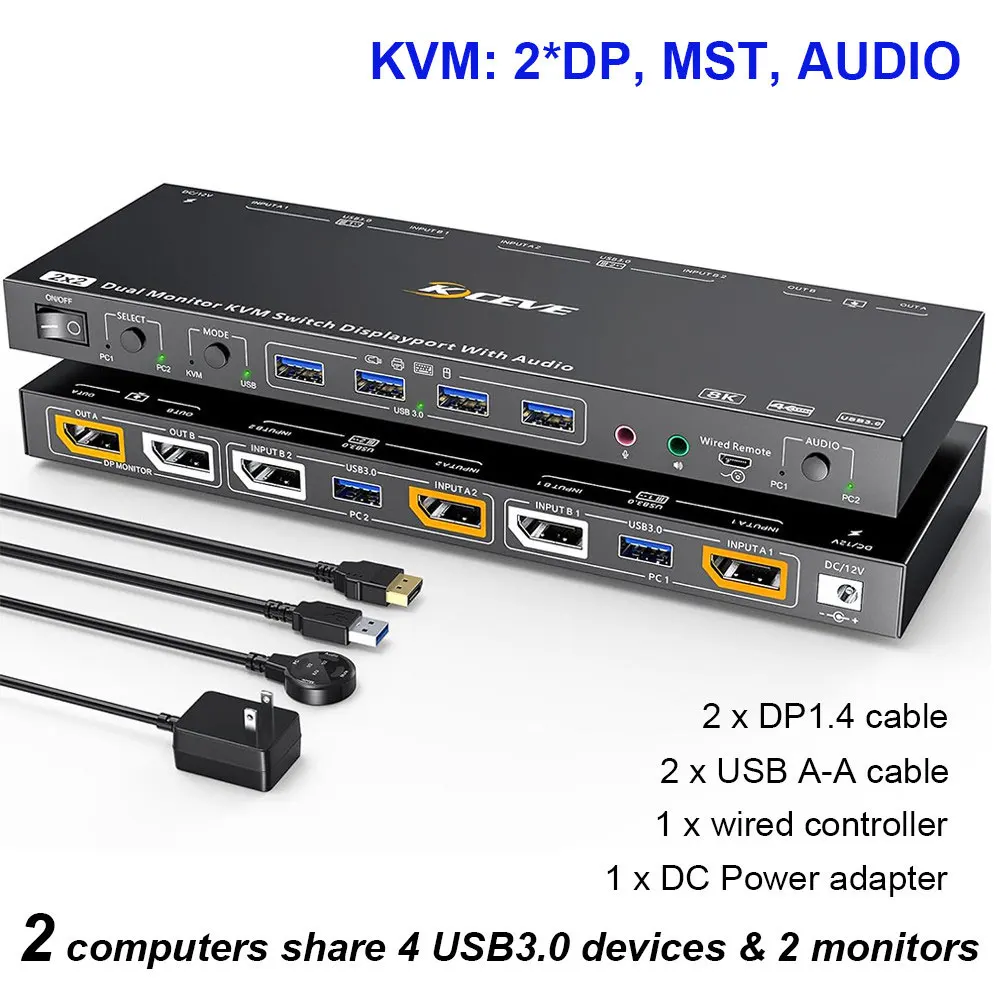 

KVM Switch 2 DP 1.4 8K Monitors Docking Station USB Hub Splitter 2 Computer Laptop PC Desktops Accessories Switcher Selector