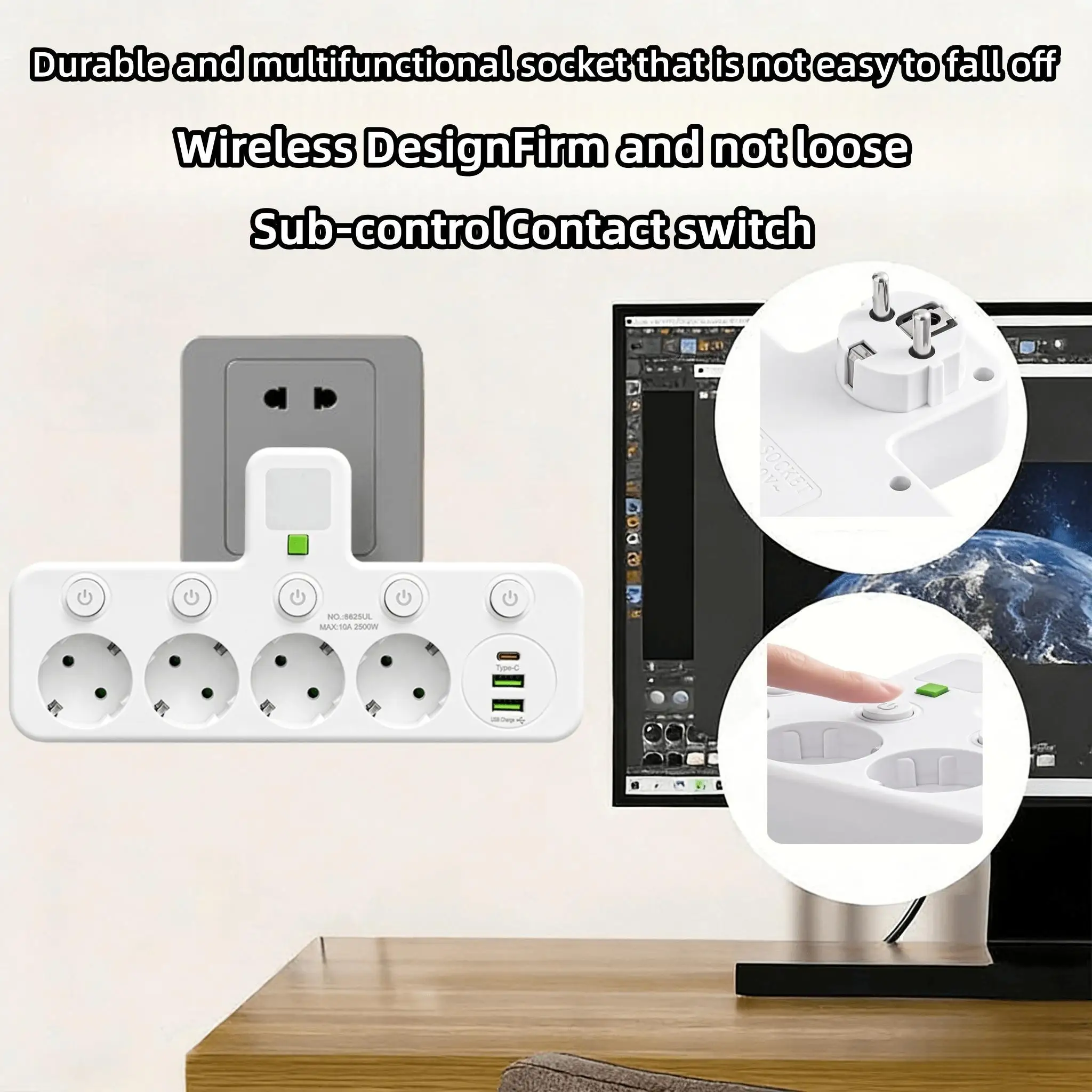 EU plug and socket, 4-pole socket, multifunctional wall plug, with or without extension cords or USB and Type-C interfaces