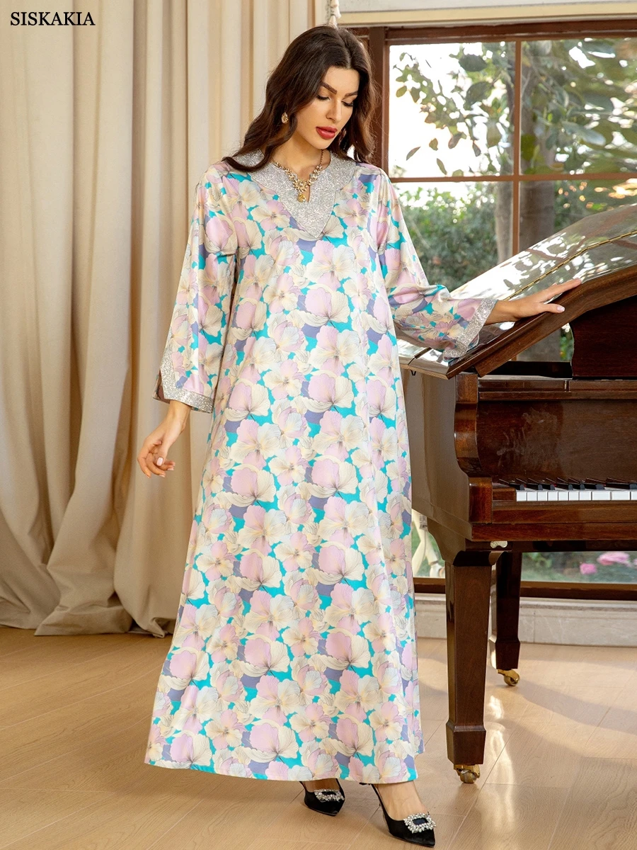 Siskakia Dubai Fashion Diamonds Elegant Printing Long Dresses Muslim Eid Casual Party Gown Moroccan Saudi Women Abayas 2024 New