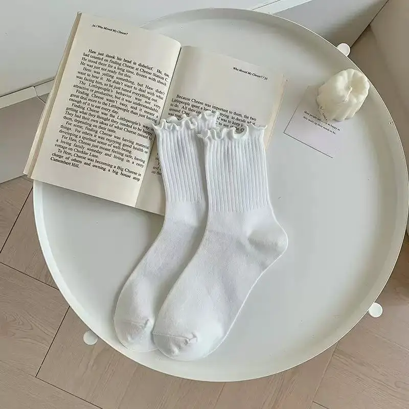 3 Pairs Ruffled Mid Length Socks Women Breathable Solid Color Set Spring and Autumn Comfort Sweat-absorbing Girls' Socks