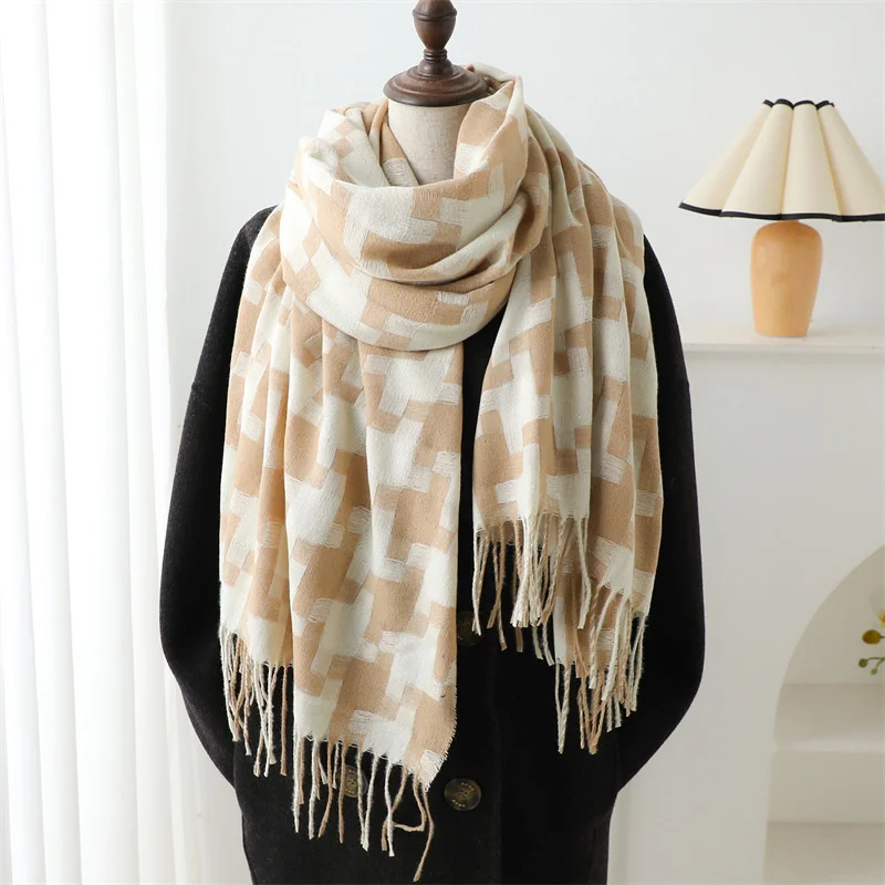 Korean Styles Autumn and Winter Imitation Cashmere Plaid Scarf Fashionable and Simple Warm Scarf Women\'s Tassel Shawl Pashmina