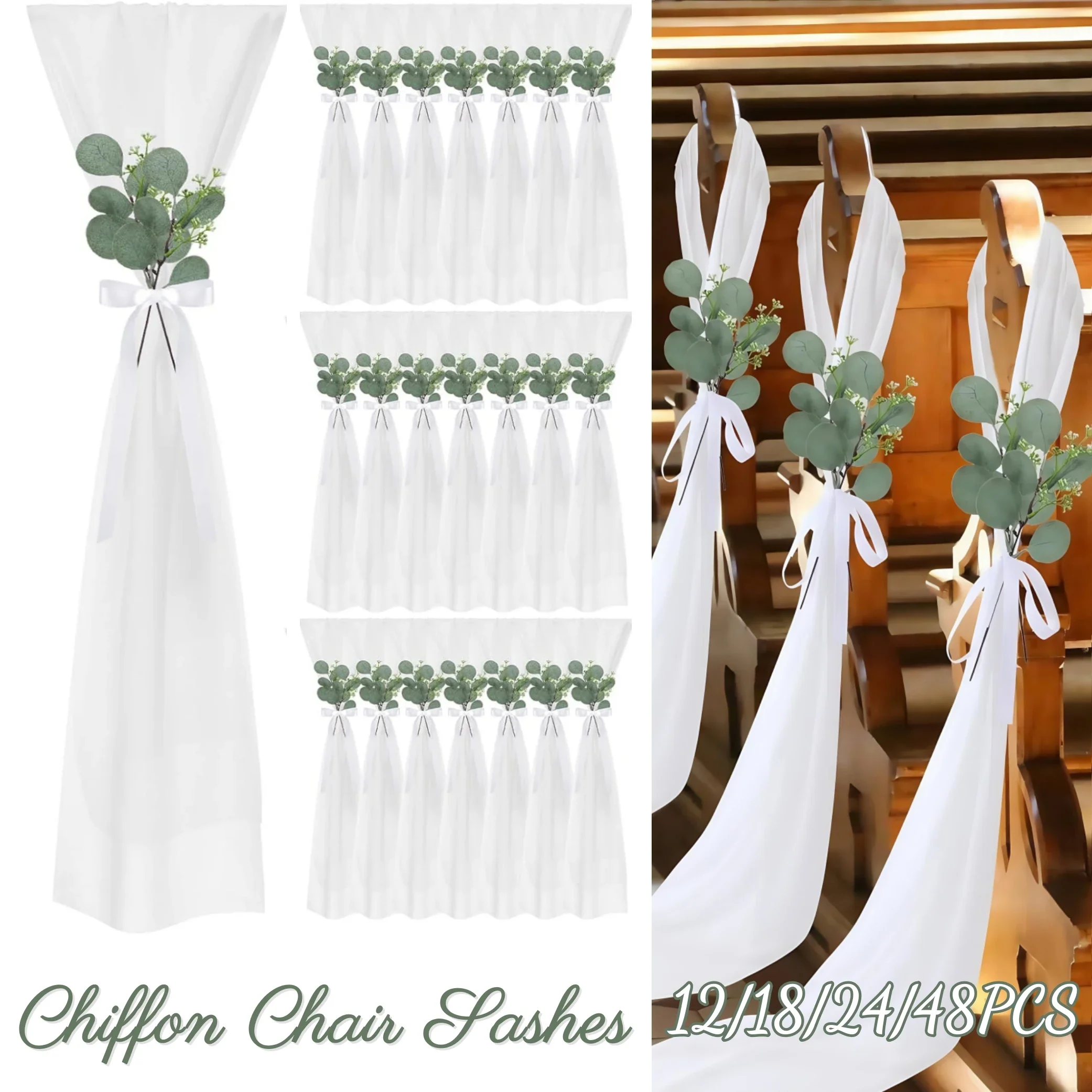 12-48Pcs Chair Sashes for Wedding Chair Covers Chiffon  Bow Sashes  Ribbons for Party Ceremony Church Chair Decoration