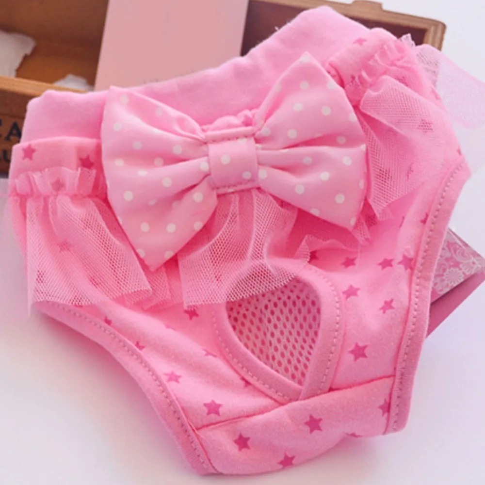 Pink Tone Pet Sanitary Pant Lace Trim Elastic Waist Dog Period Underwear Bow Decor Multi Sizes Female Dog Nappy Pet Outdoor Walk