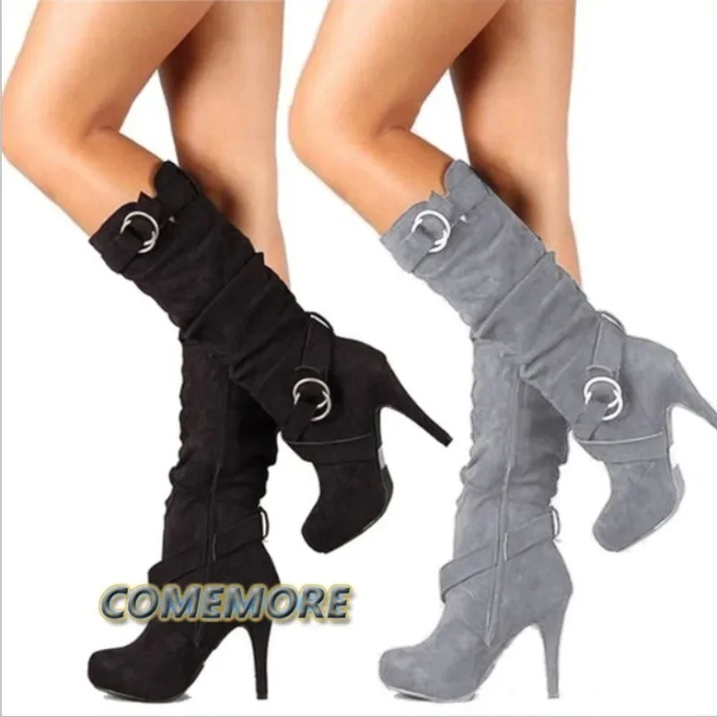 

2023 Winter Classic Knee High Boots Autumn Casual Faux Suede Wide Pleated Thigh High Boots Women Thin Heels Zip Size 35-43 Grey