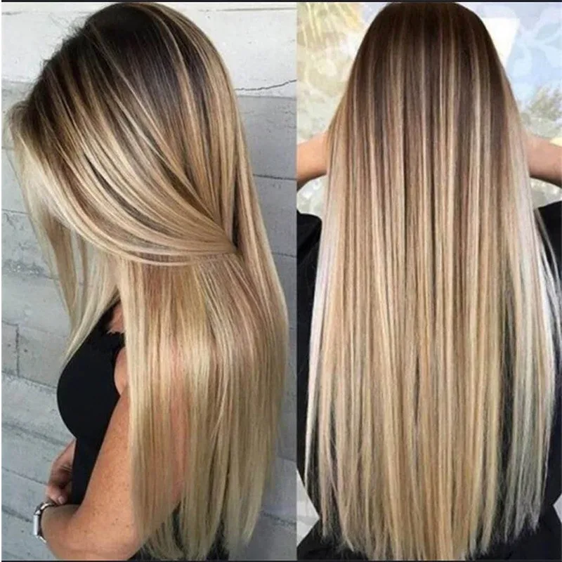 European and American women's middle-part long straight hair wig with black to brown gold gradient synthetic fibers
