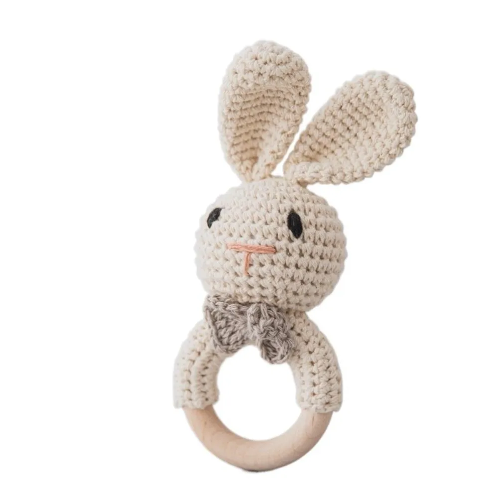 Drewniany Gryzak dla Królika, Szydełkowy Grzechotka, Miękki, Bez BPA, Uspokajający, Dzianinowy, Kreskówkowy Zwierzak, Edukacyjny, Muzyczny