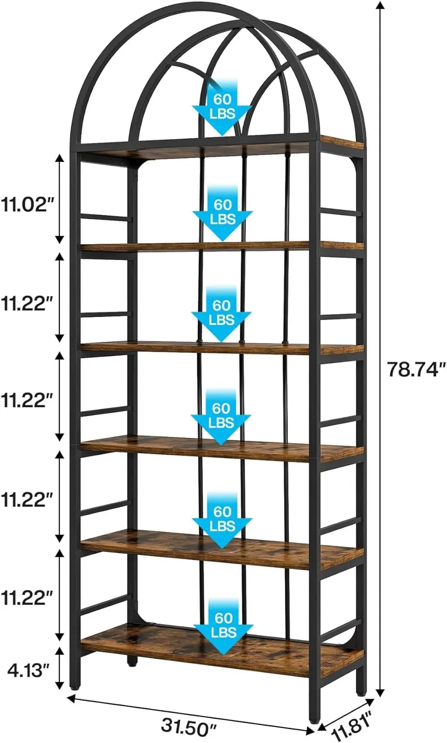 Estante e estantes abertas do metal industrial, unidade de armazenamento permanente livre para a casa, estantes arqueadas tall 6-Tier, 39,7"