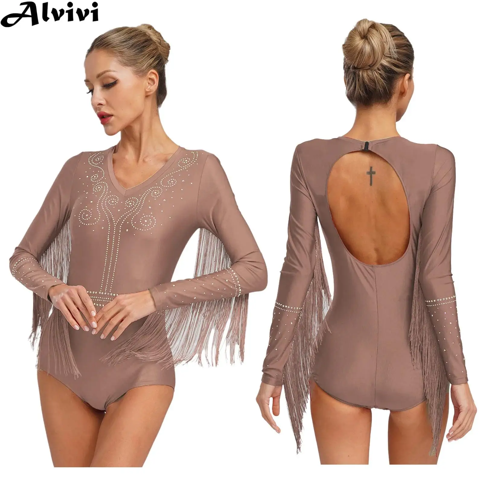 

Women Latin Jazz Dance Costume Long Sleeve Rhinestone Tassel Leotard Bodysuit for Cha-Cha Tango Samba Rumba Gymnastics Skating