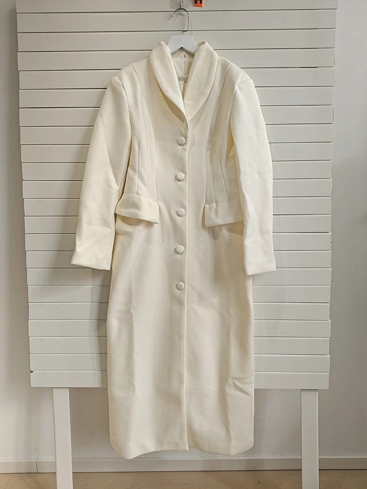 Eleganter langer Wollmantel für Damen, einreihiger Reverskragen, schmale Taille, maßgeschneiderte, formelle Oberbekleidung in voller Länge, creme/schwarzer Mantel
