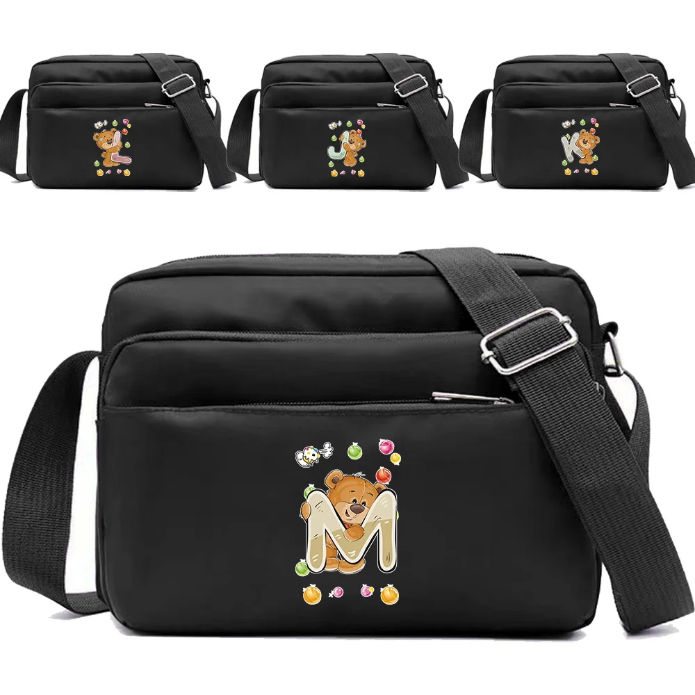 

New Leisure Simple Multi-layer Storage Bag Outdoor Travel Bear Letter Series Printing Pattern Black One Shoulder Crossbody Bag