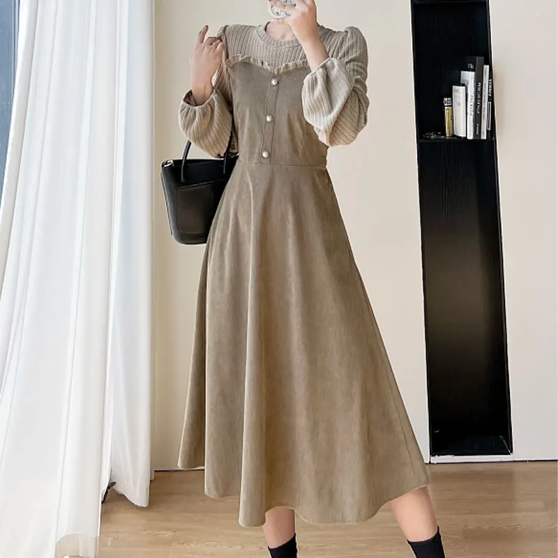 Fake Two Pieces Corduroy Midi Dress Women's Clothing Long Sleeve Spring Autumn Chic Folds Patchwork Elegant A-Line Waist Dresses