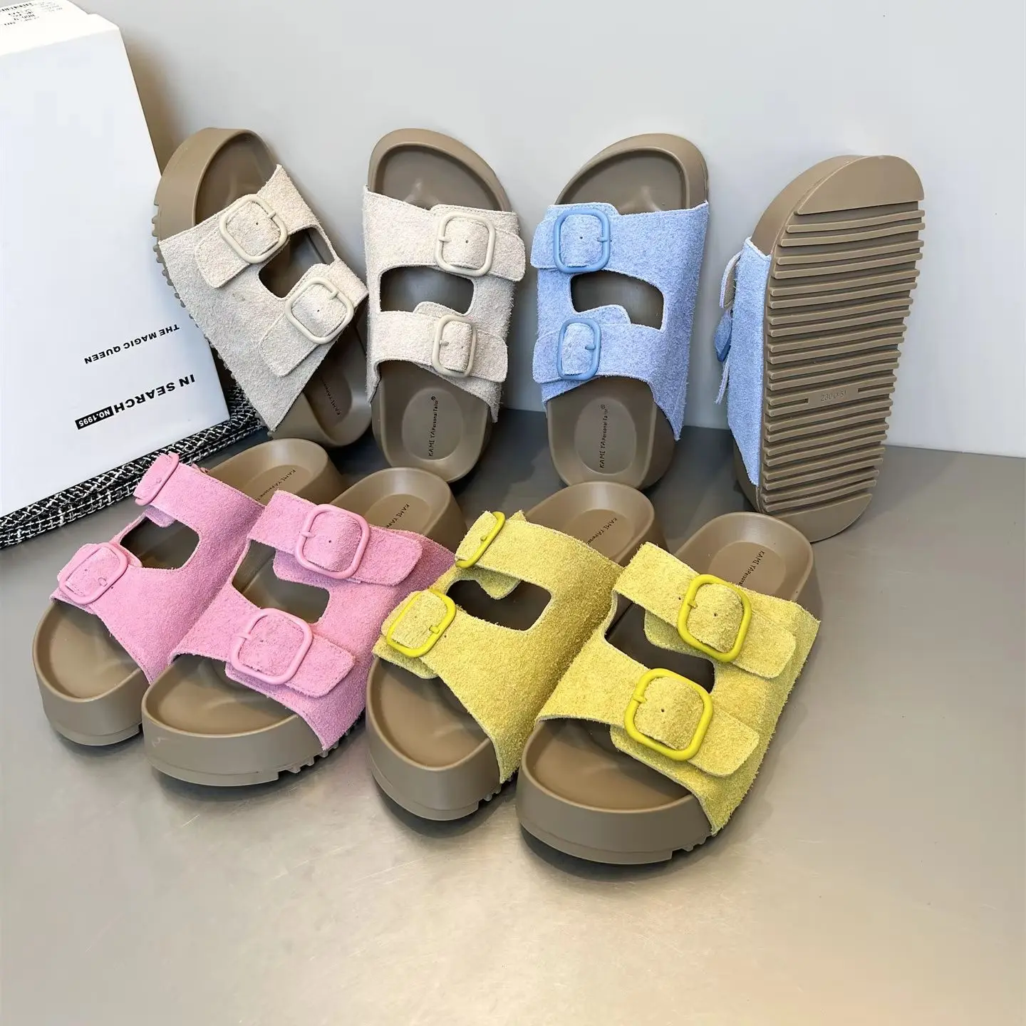 

Beach Slippers Women's Genuine Leather Thick Soled Slippers Summer Outside Double Belt Buckle Women Sandals Pantuflas De Mujer