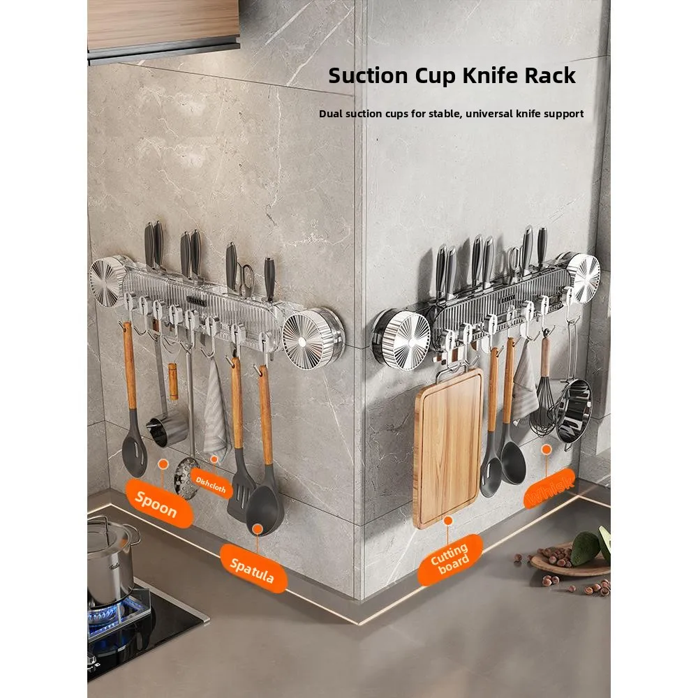 

New Type Kitchen Knife Holder Suction Cup Wall Mounted Storage Rack Multi Functional No Drilling Required Stainless Steel