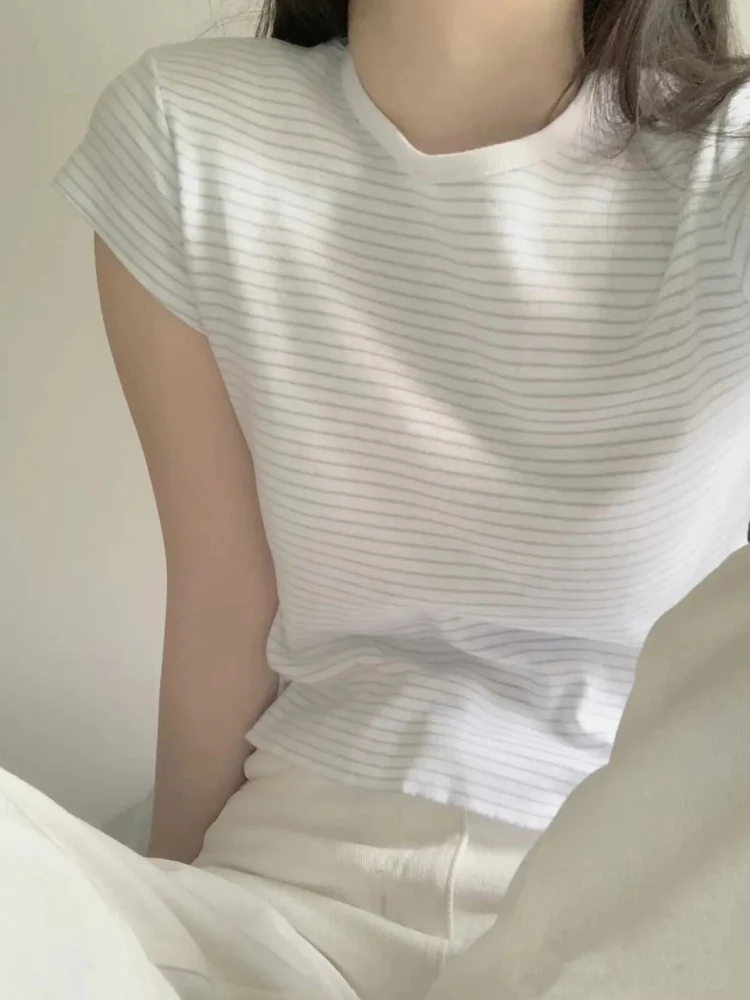 Casual Women Soft Cotton White Striped Printed Tees 2023 Summer Vintage O Neck Short Sleeves Female Chic Tops