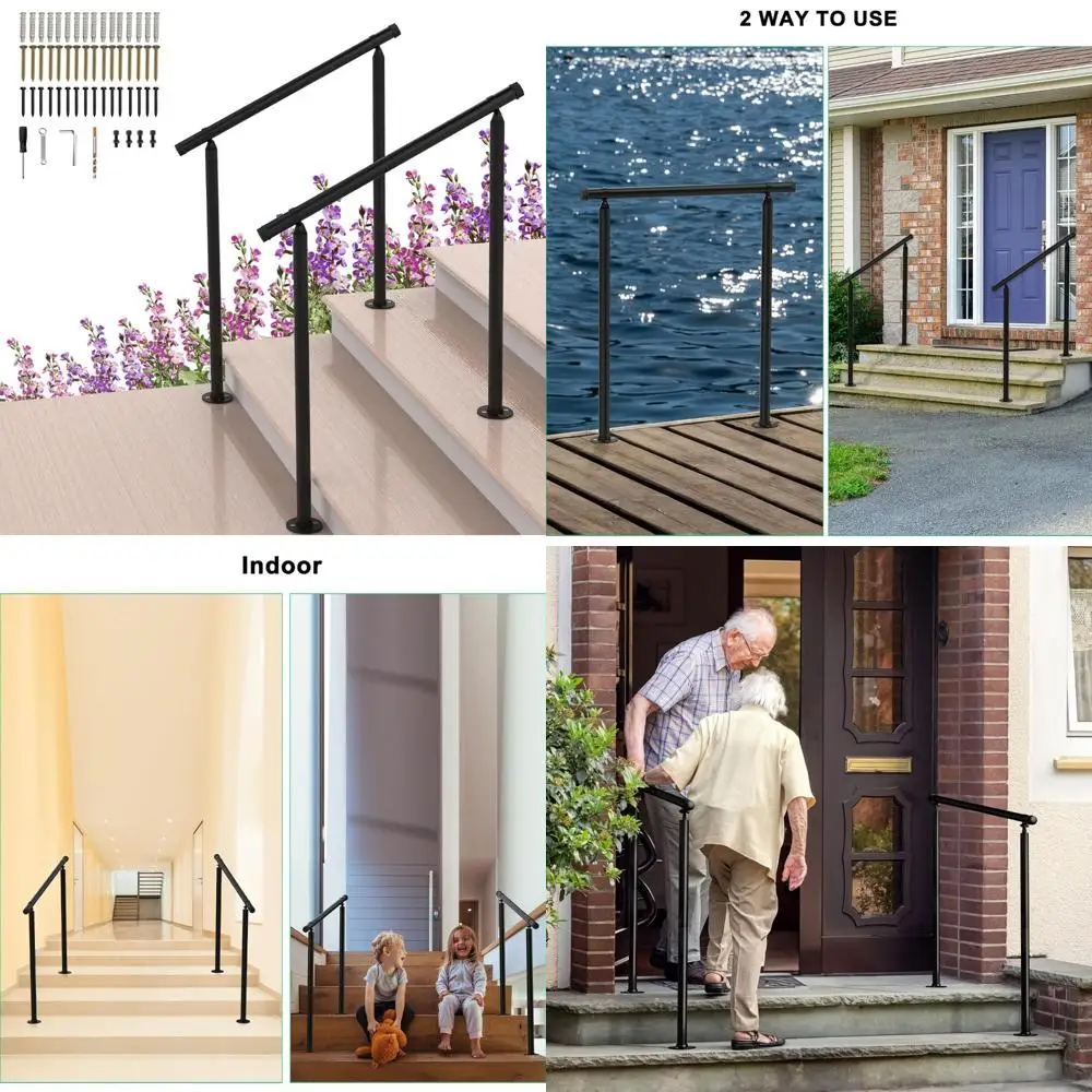 درابزين الدرج المعدني الخارجي لـ 2-3 خطوات، درابزين سطح السفينة، نظام درابزين الشرفة من الحديد المطاوع باللون الأسود #1