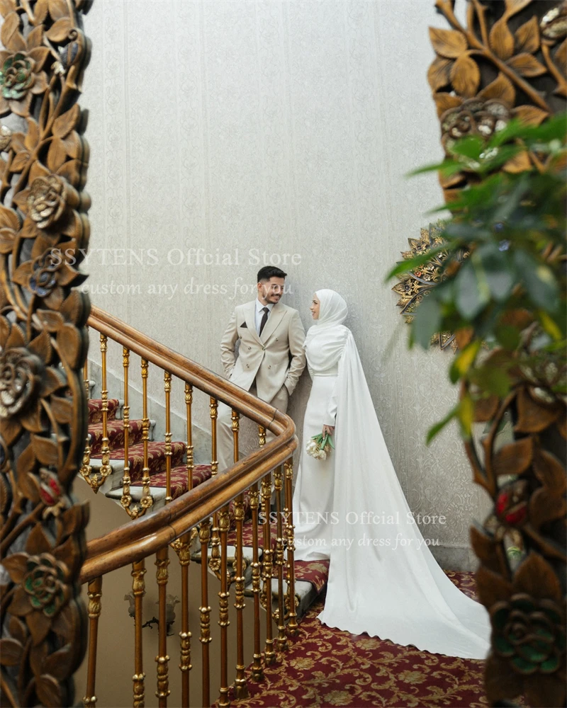 SSYTENS Elegant lvory Wedding Dresses Satin High Neck Full Sleeves Mermaid Bridal Gown Sweap Train Modest Bride Dress Customized