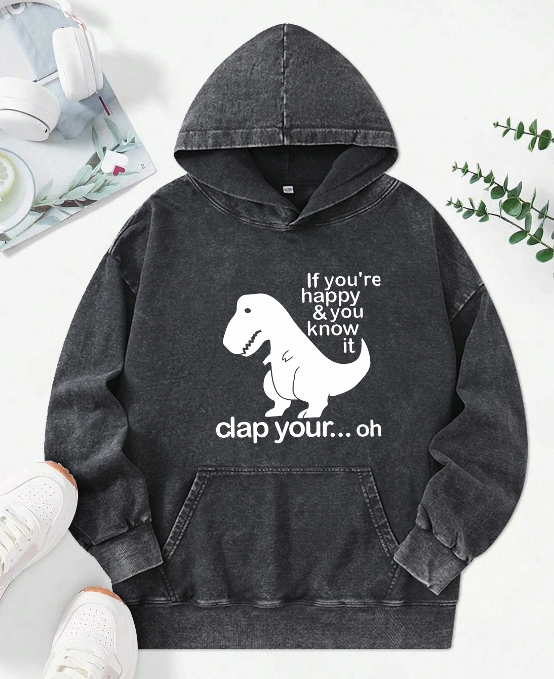 If You'Re Happy You Know It Dinosaur Print Washed Hoodies Loose Streetwear All-Match Cotton Hoody Autumn Casual Women Pullover