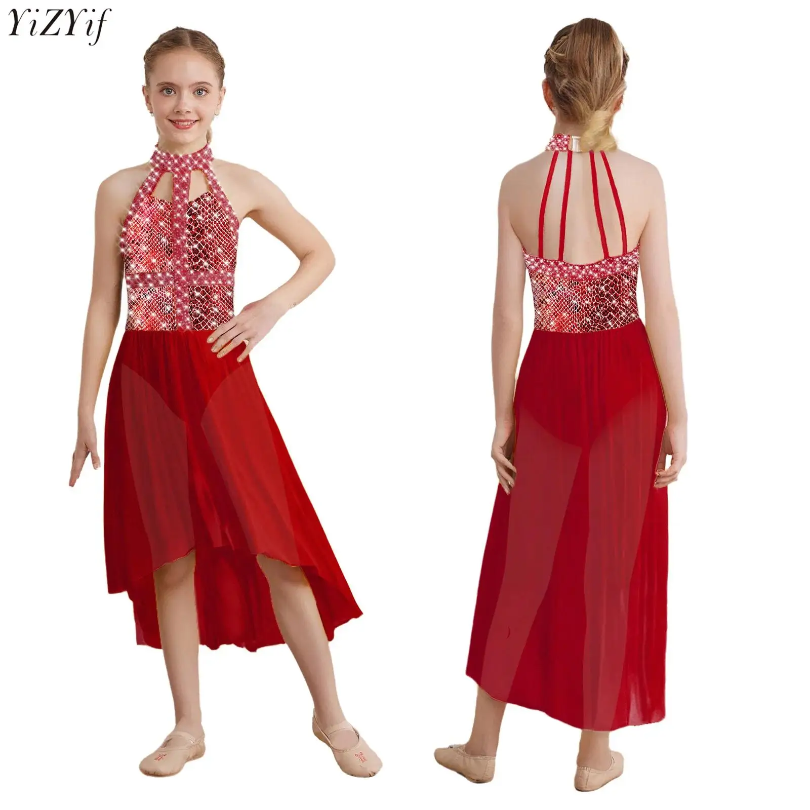 

Kids Girls Lyrical Dance Dress Snakeskin Printed Sleeveless Sparkly Rhinestones High-Low Mesh Hem Dress Ballet Leotard Dresses
