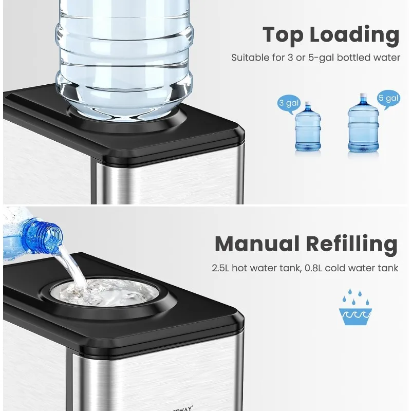 موزع مياه COSTWAY مع صانع الثلج، يحمل زجاجة 3-5 جالون، ماكينة تبريد المياه الباردة الساخنة 3 في 1 على سطح الطاولة